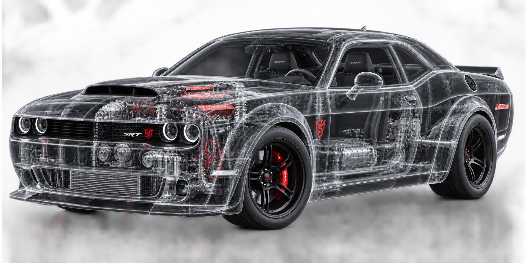 Transparent Challenger Demon showing the engine and internal components